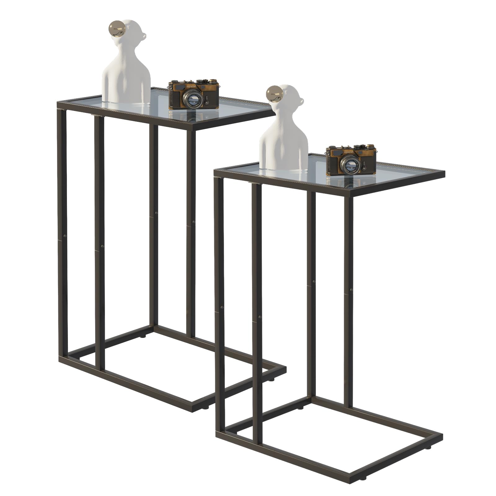Huhote C Shaped End Table Set of 2, Glass Side Table for Couch, Sofa Table with Metal Frame, Couch Table for Living Room, Bedroom, Bedside, Black