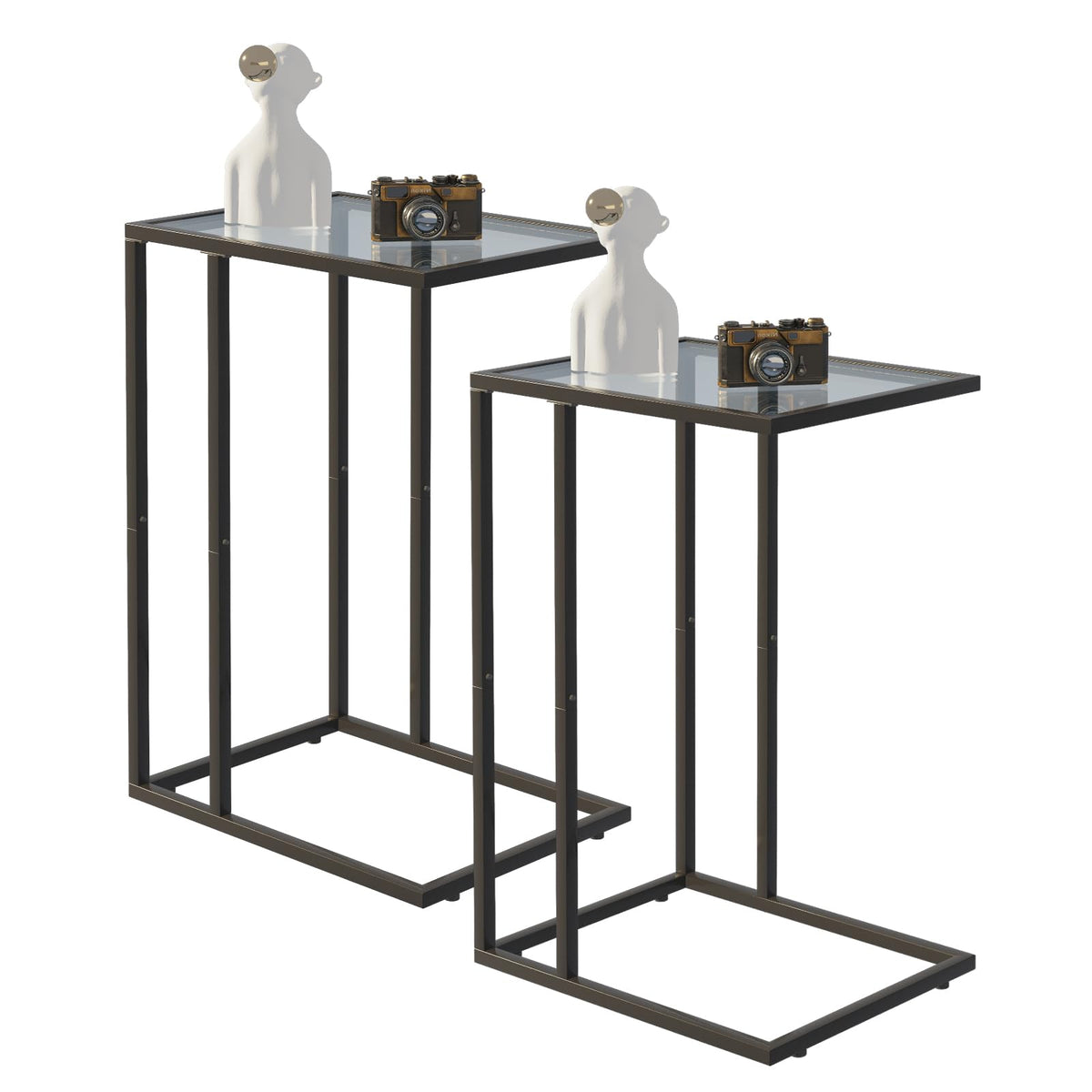 Huhote C Shaped End Table Set of 2, Glass Side Table for Couch, Sofa Table with Metal Frame, Couch Table for Living Room, Bedroom, Bedside, Black