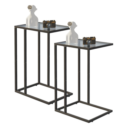 Huhote C Shaped End Table Set of 2, Glass Side Table for Couch, Sofa Table with Metal Frame, Couch Table for Living Room, Bedroom, Bedside, Black