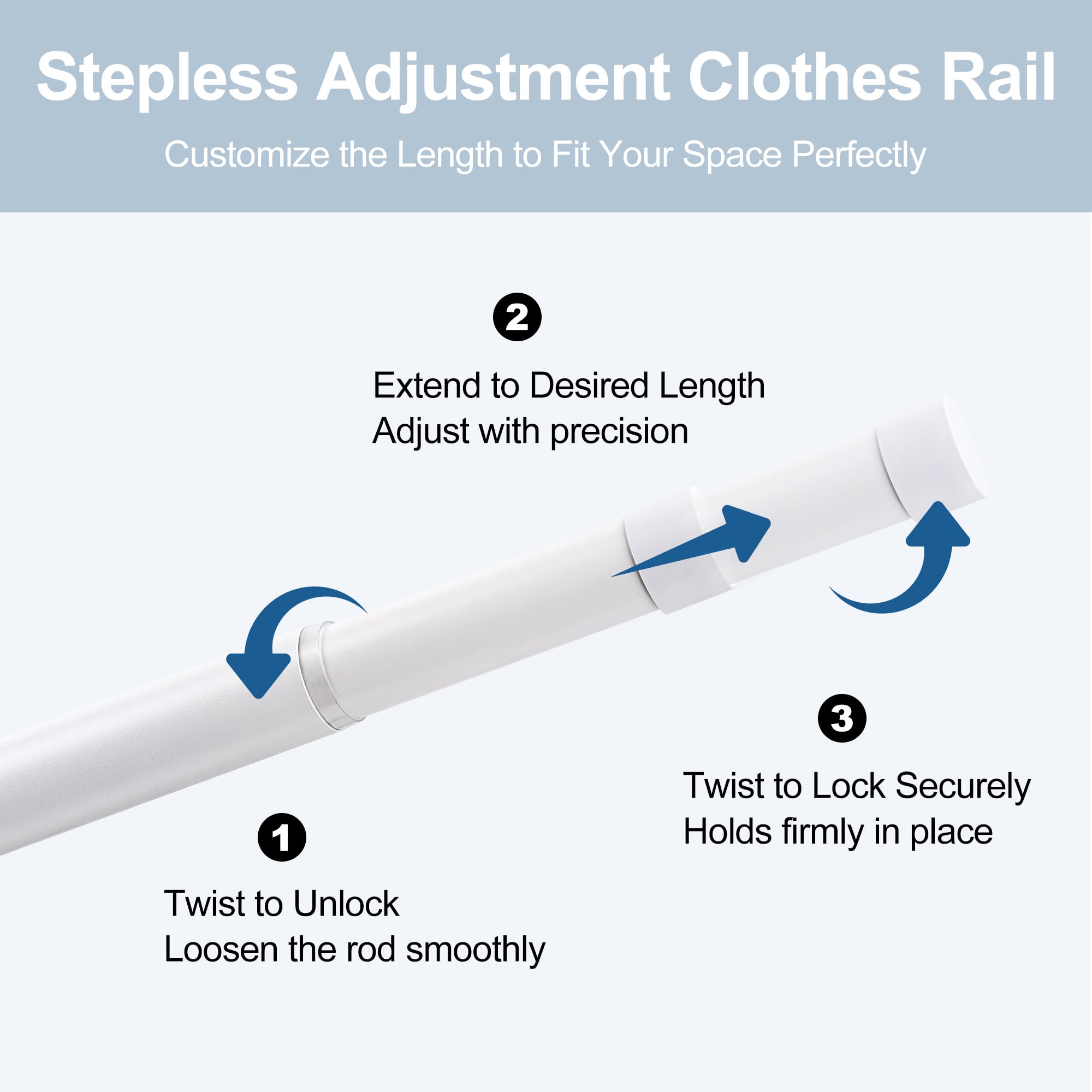 Wardrobe Rail,Extendable Clothes Rails, Stainless Steel adjustable wardrobe pole with Fixing Sockets and Screws for Wardrobe and Cupboard
