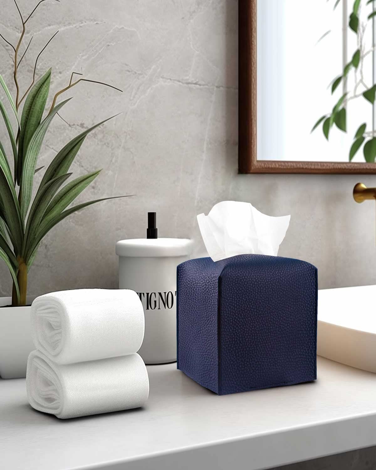 Leather Tissue Box Cover Square – [JESMINI, Navy Blue] Modern PU Leather Tissues Cube Box Holder Decorative for Bathroom Vanity Countertop/Night