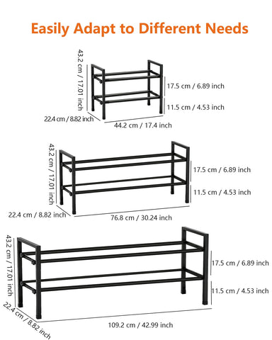 Anhow Extendable Shoe Rack, 2 Tier Adjustable Shoe Storage, 44 to 109 cm, Black Metal Free Standing Shoe Rack, Space Saving for Wardrobe, Closet