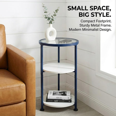 ZEXVIDA 3-Tier Round Side Table with Tempered Glass Top, Navy Blue