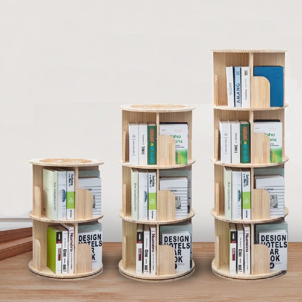 Heehee Rotating Bookshelf 360 Display 4 Tier Floor Standing Bookcase Storage Rack for Kids&Adults Solid Wood Bookshelf Organizer
