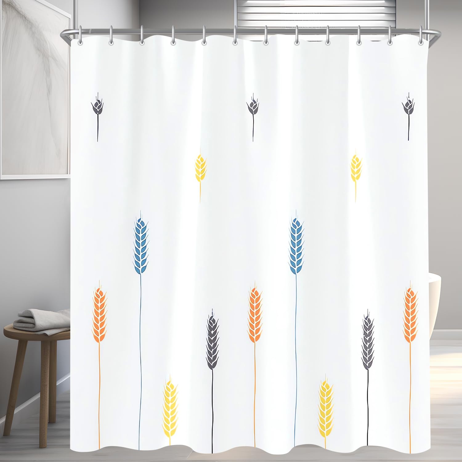 Lerores Shower Curtain, 120 x 200 cm, Colourful Wheat Ears, Weighted Hem, Anti-Mould Textile, Water-Repellent