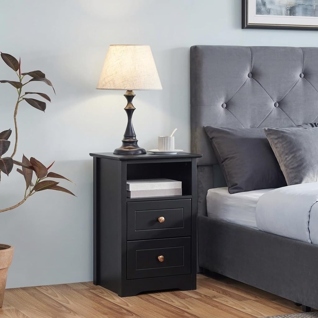 Yaheetech Bedside Table with 2 Drawers and Open Shelf, Black