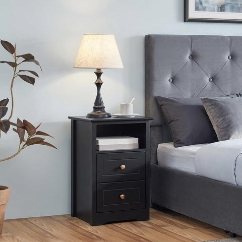 Yaheetech Bedside Table with 2 Drawers and Open Shelf, Black