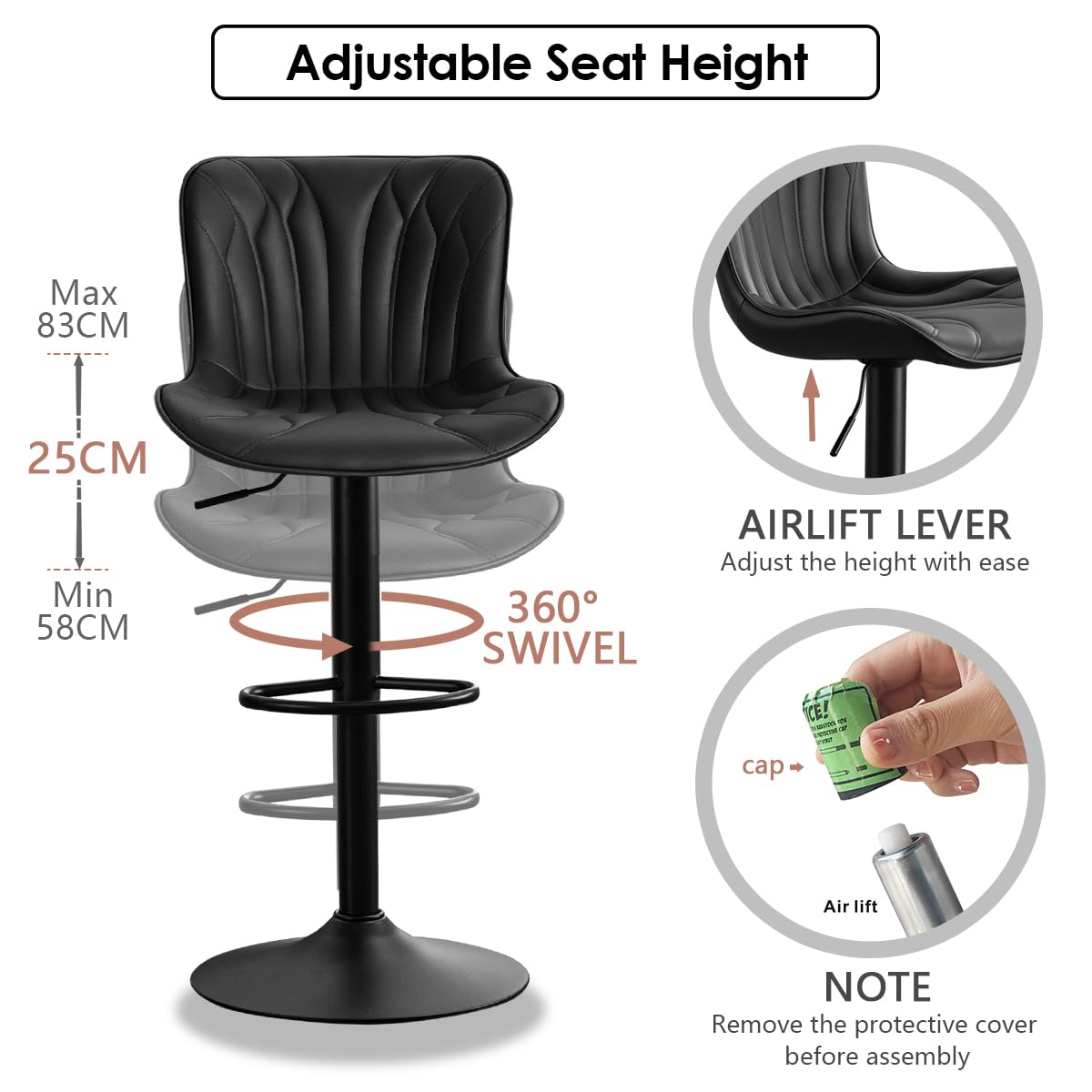 Kidol & Shellder Bar Stools Set of 2 Swivel Breakfast Barstools, Black