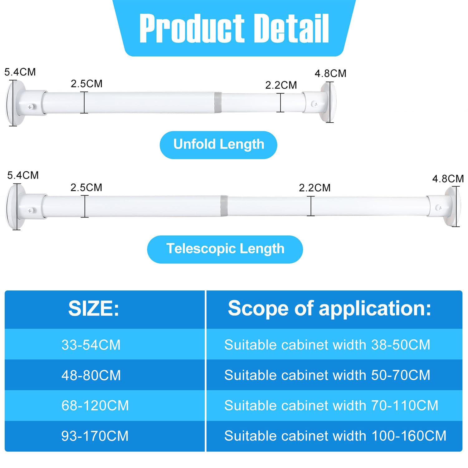 Wardlock 93cm-170cm White Extendable Stainless Steel Wardrobe Rail, Adjustable Clothes Rail Pole With End Sockets.
