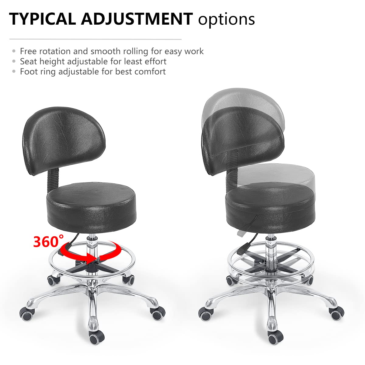 Grace & Grace Height Adjustable Rolling Swivel Stool Chair with Extra Large and Extra Thick Round Seat and Comfortable Backrest Heavy Duty Metal Base
