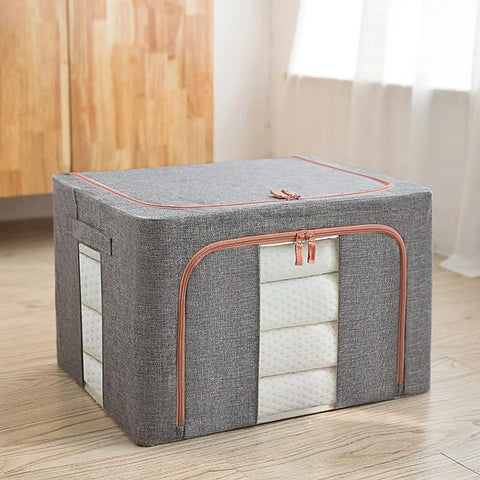 Debrymn 3Pcs 24L Grey Fabric Clothes Storage Bins with Metal Frame, Foldable, Stackable, Transparent Windows, Zippers, Durable Handles