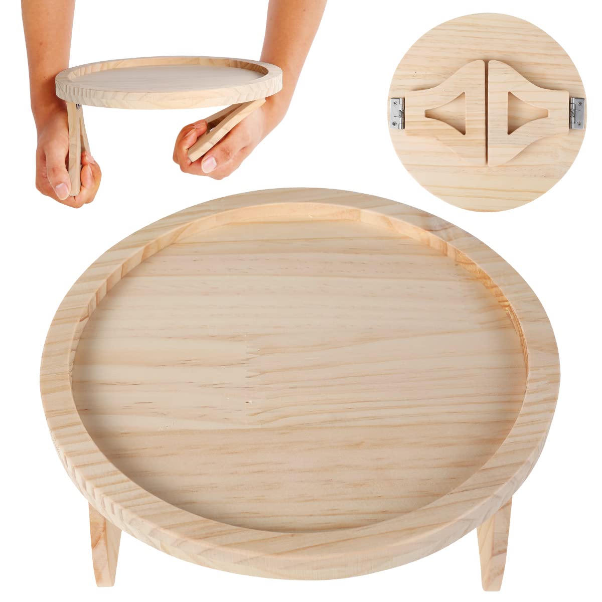 Ghopy Natural Pine Wood Sofa Side Tables Waterproof Round Portable and Foldable Sofa Armrest Clip-On Tray Couch Arm Rest Organizer for Remote Drinks