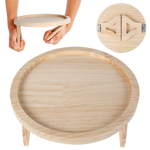 Ghopy Natural Pine Wood Sofa Side Tables Waterproof Round Portable and Foldable Sofa Armrest Clip-On Tray Couch Arm Rest Organizer for Remote Drinks