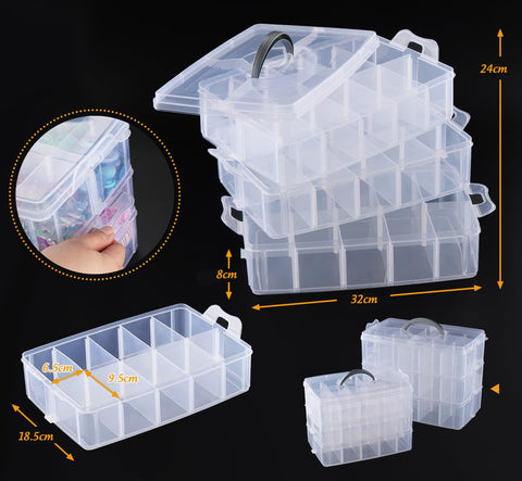 Anstore Craft Storage Box with Removable Compartments, 3-Tier 30 Sections Transparent Stackable Box Organiser with Lid