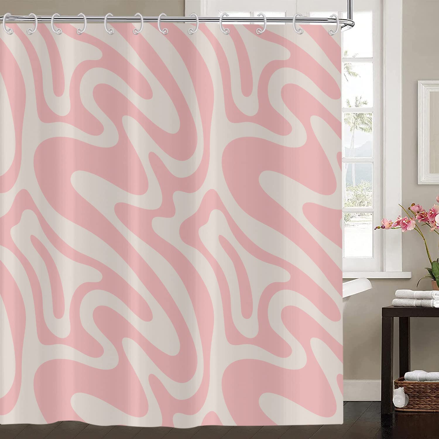 Hnmdmyi Pink Shower Curtain 180x200, Abstract Retro 70s Shower Curtains Modern Aesthetic Wavy Swirl Minimalist Girls Bathroom Curtains Waterproof