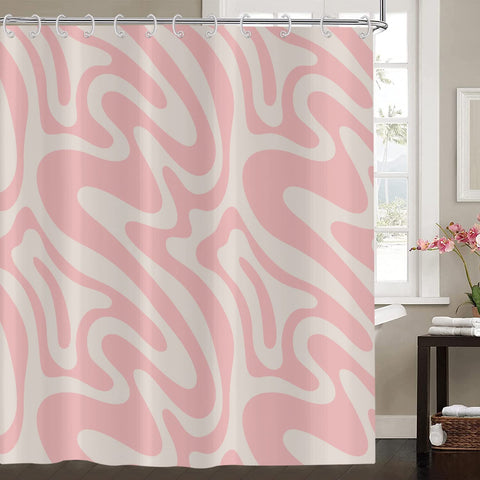 Hnmdmyi Pink Shower Curtain 180x200, Abstract Retro 70s Shower Curtains Modern Aesthetic Wavy Swirl Minimalist Girls Bathroom Curtains Waterproof