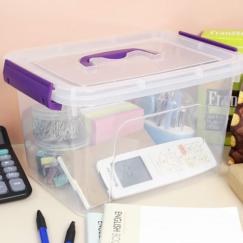Farmoon 5L Clear Plastic Storage Box with Lid and Purple Handle Pack of 6
