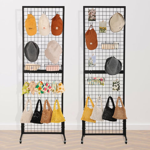 HIDODO Freestanding Grid Wall Panel Standing Wire Grid Display Rack with T-Base Wheels, Gridwall Panel Tower for Shows, Black (2 Pack)