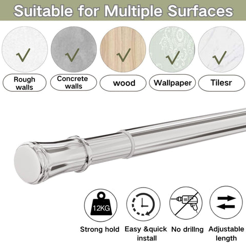 Shower Curtain Rail Extendable Curtain Pole, Metal Tension Rod Anti-Slip Telescopic Curtain Rod Easy Fitting for Bathroom, Closet, Kitchen, 85-180 cm
