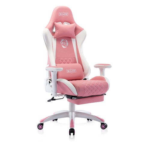 S*MAX Pink Gaming Chair with Footrest Thicken Seat Ergonomic Gaming Chairs with 3D Armrest PU Leather Headrest and Lumbar Support Racing Style High