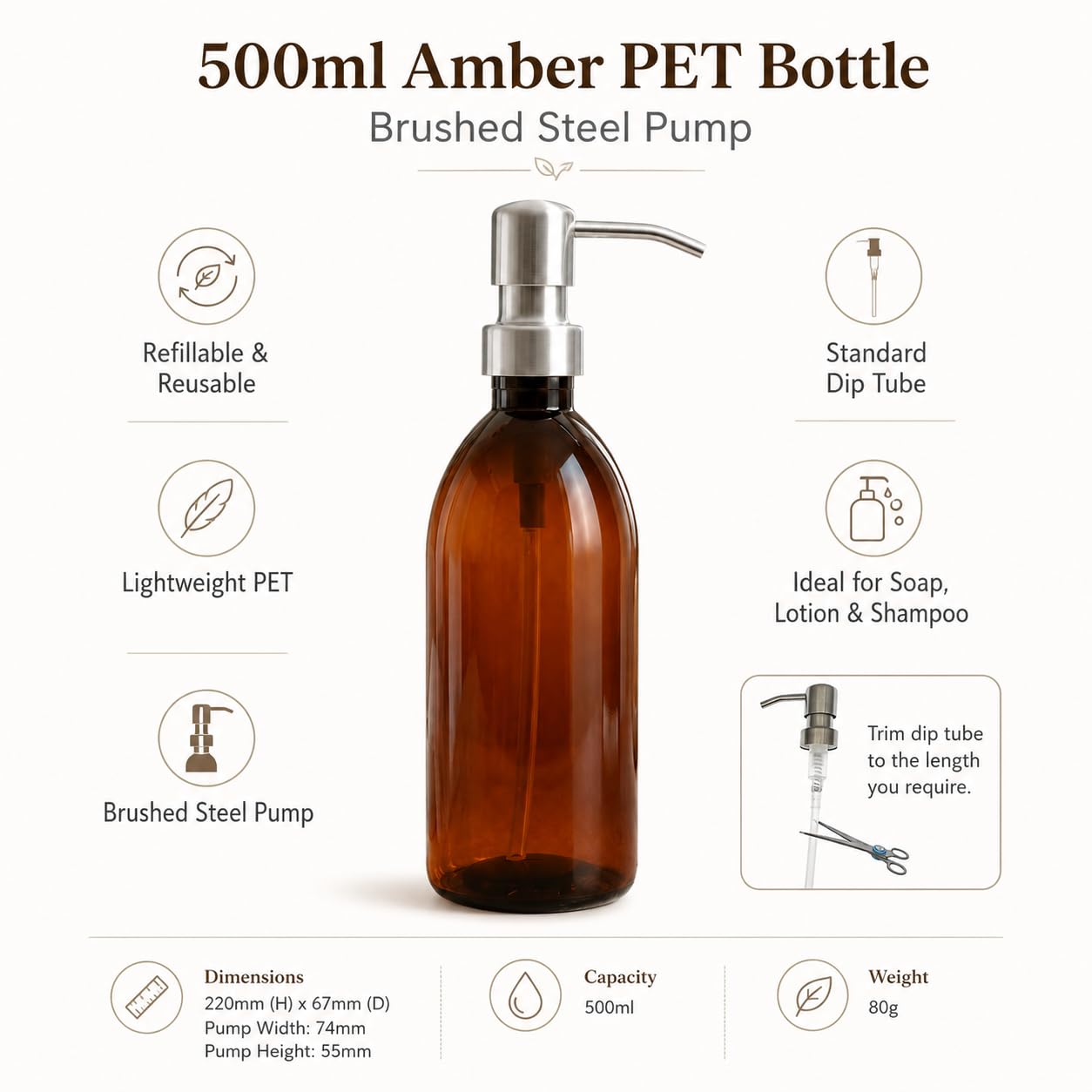 AVALON Brown Amber Plastic Bottles - Brushed Steel Metal Pump 500ml - Pack of 2 - Refillable Plastic Soap Dispenser Bottle for Bathroom/Kitchen