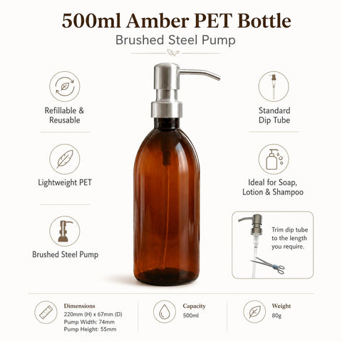AVALON Brown Amber Plastic Bottles - Brushed Steel Metal Pump 500ml - Pack of 2 - Refillable Plastic Soap Dispenser Bottle for Bathroom/Kitchen