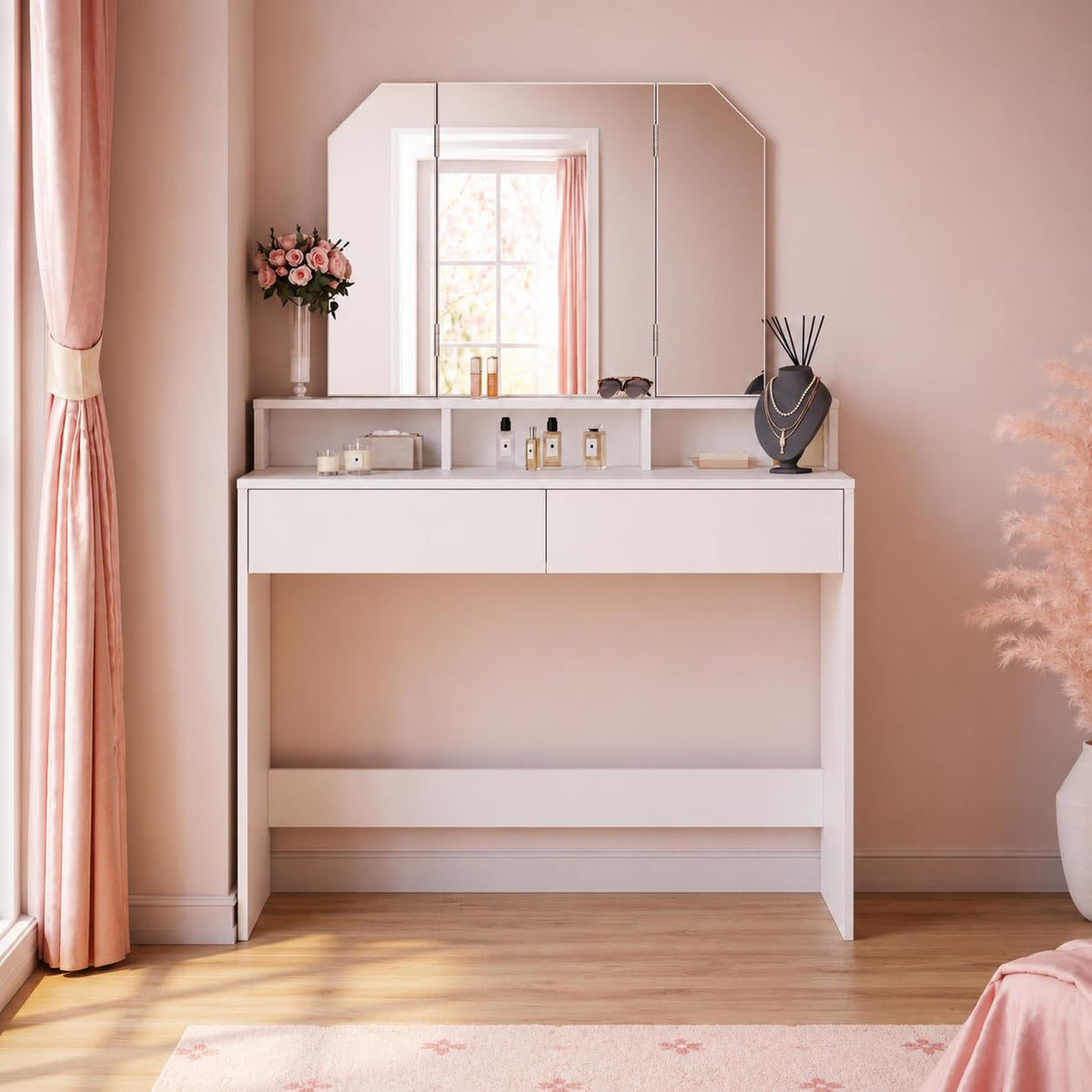 ELEGANT Dressing Table with180° Tri-fold Mirror & 2 Drawers, 100x40x142cm