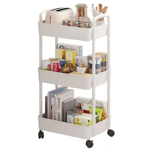 YiZhou 3-Tier Storage Trolley on Wheels with Handle, Metal & Plastic Kitchen Utility Cart, Slim Rolling Mobile Shelving Organizer for Bathroom