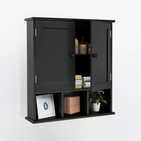 Wall Cupboard, Bathroom Cabinet, Hanging Medicine Cabinet, Medicine Cabinet, Two-Door Wooden Bathroom Cabinet with Adjustable Shelves and Open