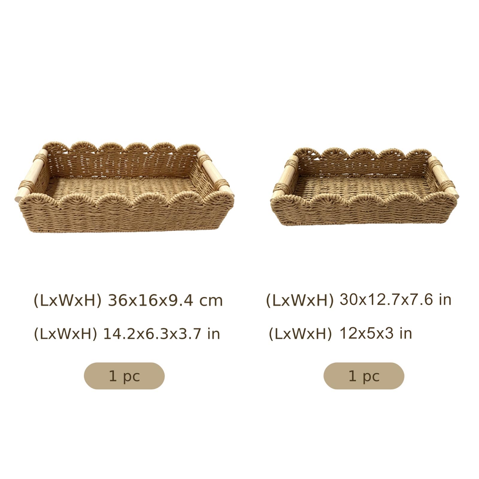 2 PCS Beige Paper Rope Storage Basket Set, Hand-Woven Scalloped Woven Organizer Bins with Wooden Handles