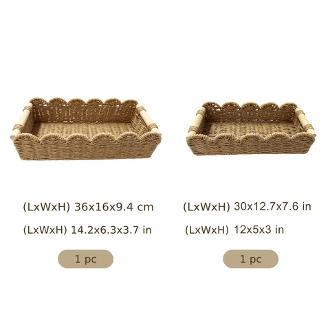 2 PCS Beige Paper Rope Storage Basket Set, Hand-Woven Scalloped Woven Organizer Bins with Wooden Handles