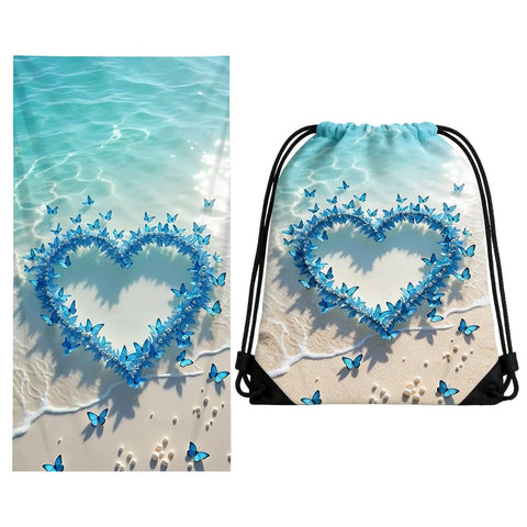 ZPSOSPZ Summer Holiday Beach Towel with Drawstring Bag, Sand Free Quick Dry Lightweight 160×80 Cm Butterfly Bath Towel for Women Girls,Gym Storage