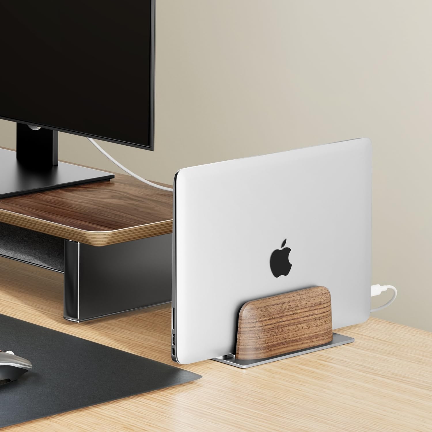 QinCoon Vertical Laptop Stand for Desk, Black Walnut Wood and Aluminium Laptop Holder for All MacBook, Surface, Samsung, HP, Dell, ‌Chromebook