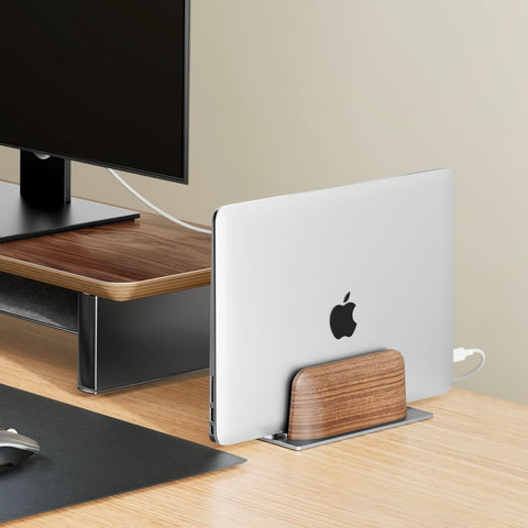QinCoon Vertical Laptop Stand for Desk, Black Walnut Wood and Aluminium Laptop Holder for All MacBook, Surface, Samsung, HP, Dell, ‌Chromebook