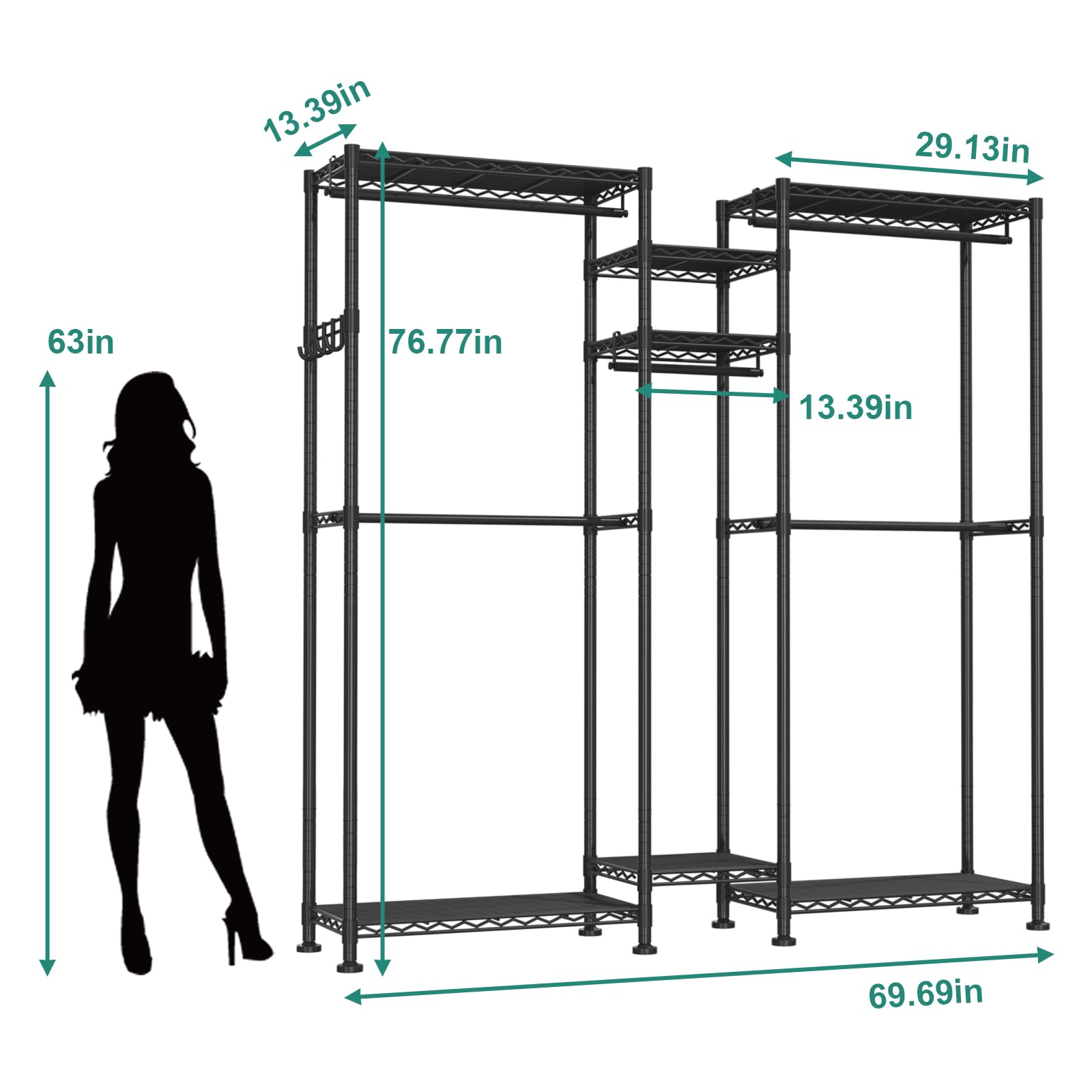 VyGrow Clothes Rail,Clothes Rack for Hanging Clothes,Adjustable Closet Organizer System, Double Rods, Side Hooks, Black