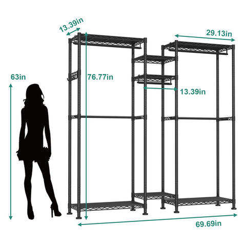 VyGrow Clothes Rail,Clothes Rack for Hanging Clothes,Adjustable Closet Organizer System, Double Rods, Side Hooks, Black