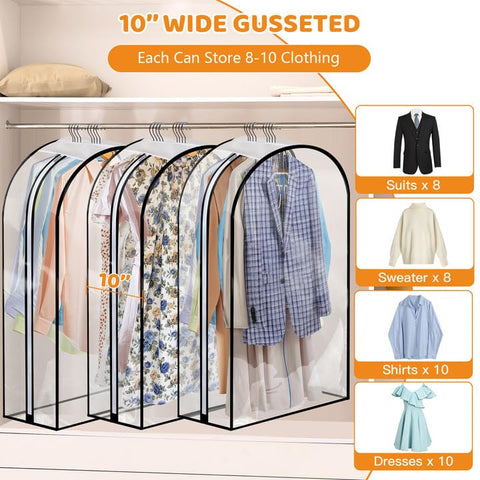 4 Pack Clear Garment Bags 40" with 10" Gusset for Coats, Suit, Jackets