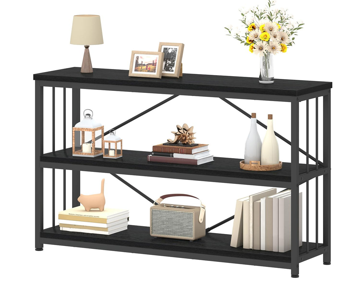 IBF Low Horizontal Book Shelf, Industrial Modern 3 Tier Bookshelf, Farmhouse Short Open Storage Organizer Long Shelf