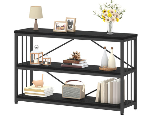 IBF Low Horizontal Book Shelf, Industrial Modern 3 Tier Bookshelf, Farmhouse Short Open Storage Organizer Long Shelf