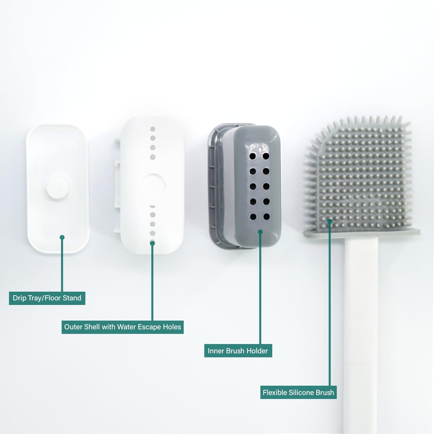 Pack of 2, White Toilet Brush Set, Bathroom Silicone Toilet Brushes and Holders with Self Adhesive Wall Mount