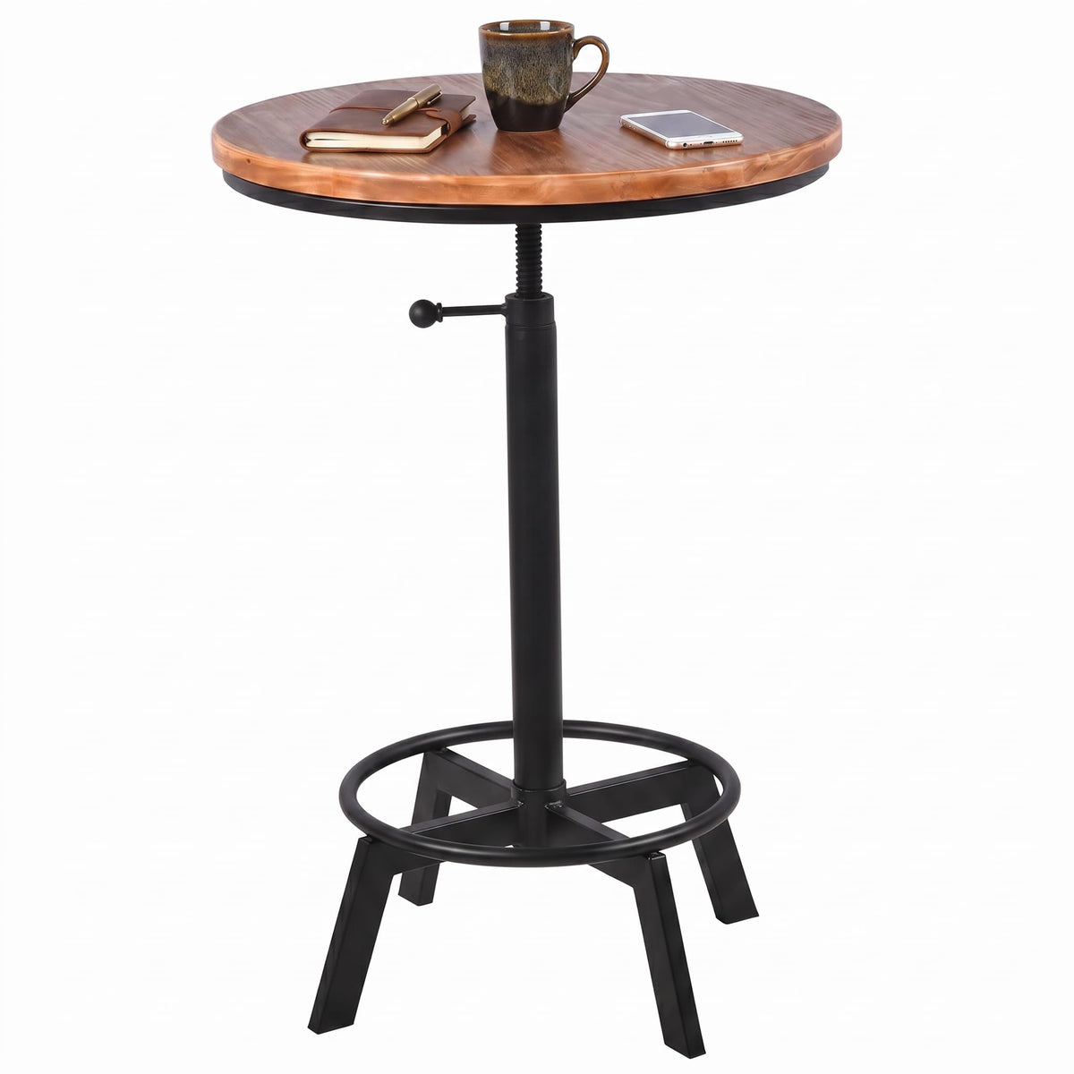 BOKKOLIK Vintage Bar Table 30-35.4inch Height Adjustable Industrial Bistro Table Retro Dinning Table for Kitchen Coffee House Pub Swivel Wooden Top