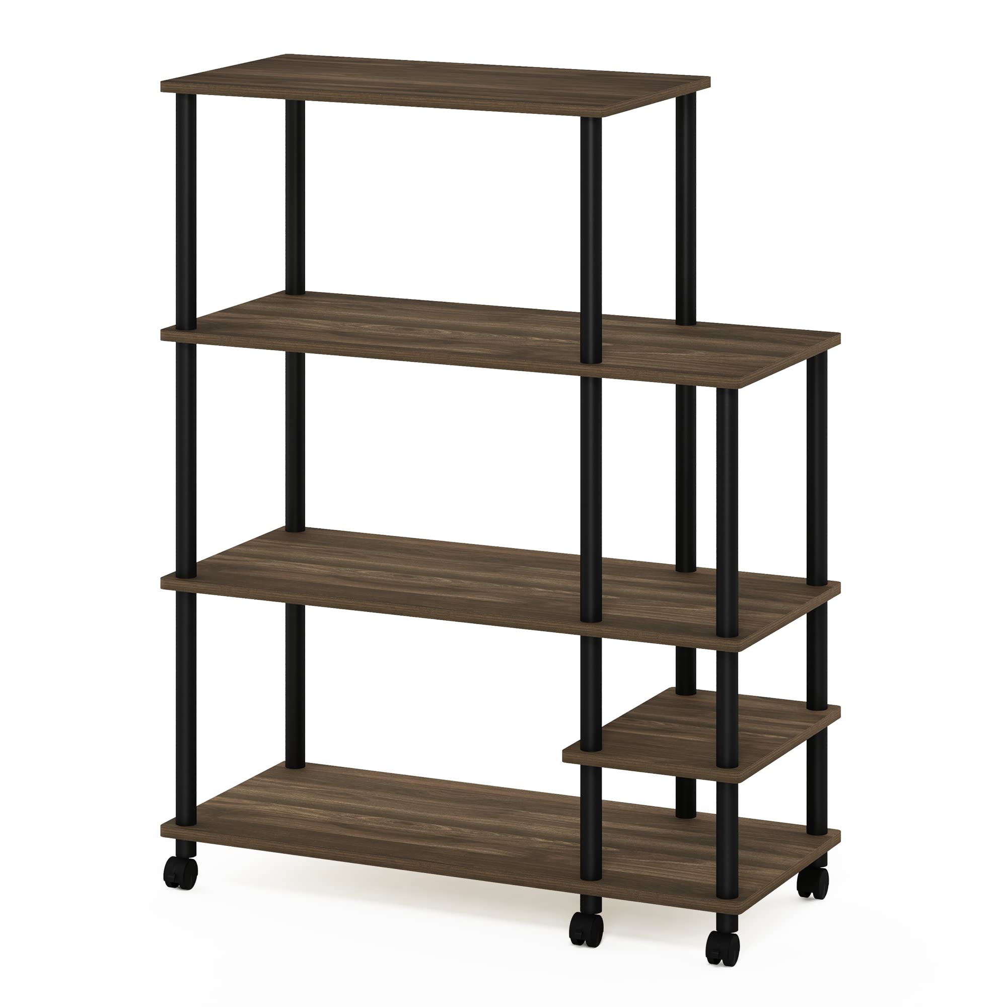 Furinno TURN-N-TUBE Bakers Rack with Wheels, 4-Tier Kitchen Storage Cart, Kitchen Cart, Coffee Bar, Pantry Organizers and Storage, Columbia Walnut