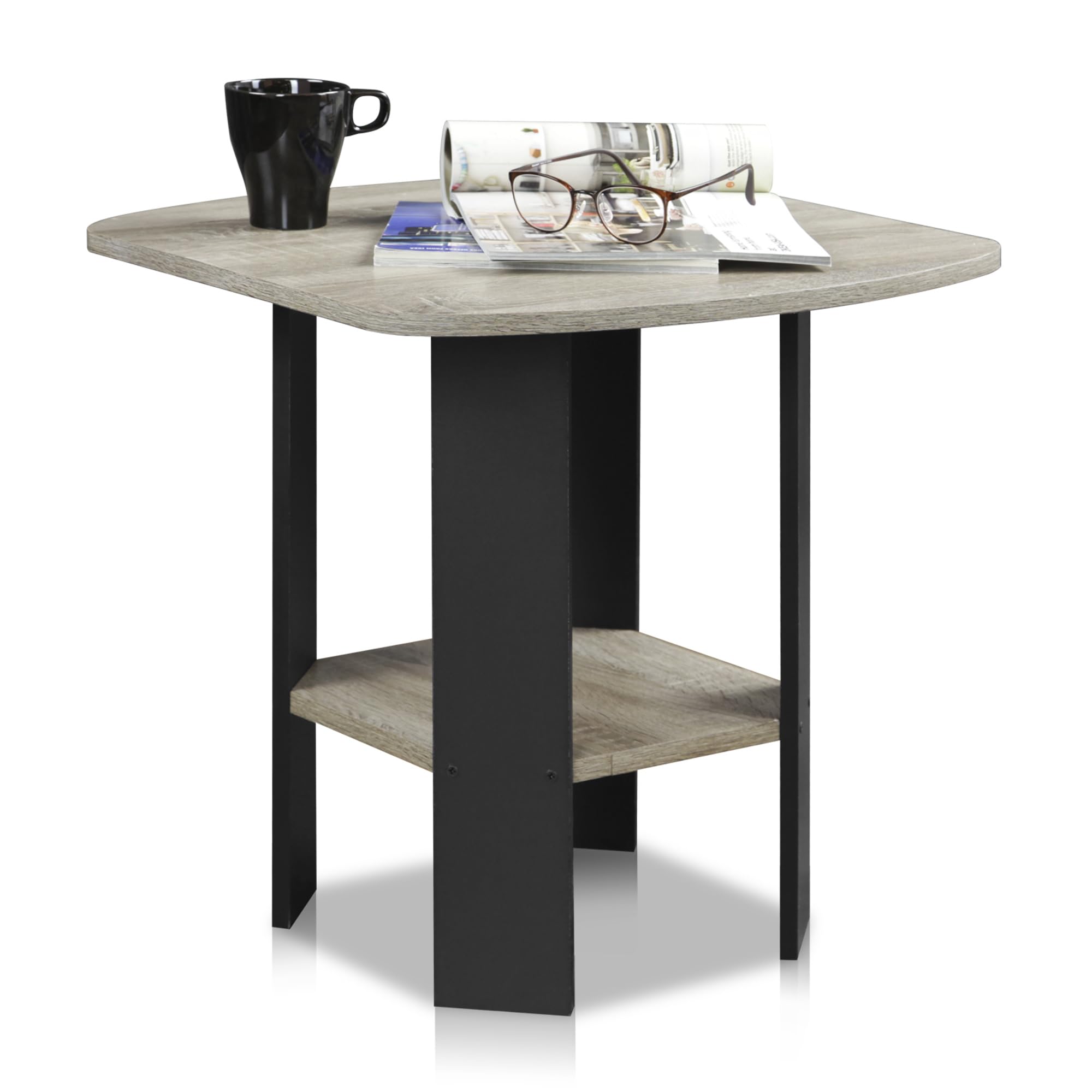 Furinno MODERN Grey Side Table, Round Corner End Table with 1-Tier Storage Shelf, Night Stand, Bedside Table, for Living Room, Bedroom, Grey Oak