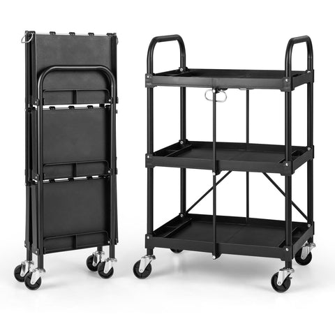 GiantexUK 3-Tier Folding Tool Trolley, Metal Frame Service Cart with Wheels, Tool Grooves & Handles
