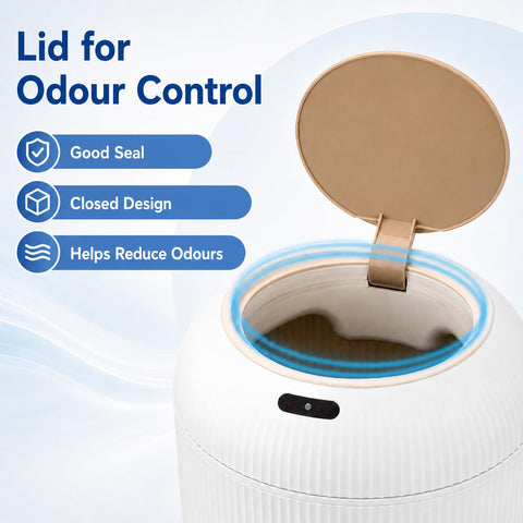 sapisecret 12L Automatic Motion Sensor Bin - Odour-Sealing Lid, Waterproof IPX5, Round Design with Wood-Effect Legs for Bathroom, Kitchen & Office