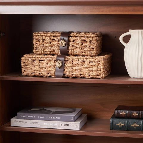 Pinafresa Decorative Woven Box with Lid, Water Hyacinth Design Wicker Storage Basket for Shelf, Coffee Table Small