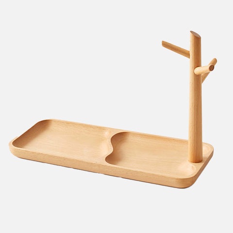 YESWOOD Solid Beech Catch-All Tray, Wooden Desk Organiser with Branch Holder for Jewellery & Accessories, Modern Entryway Tray