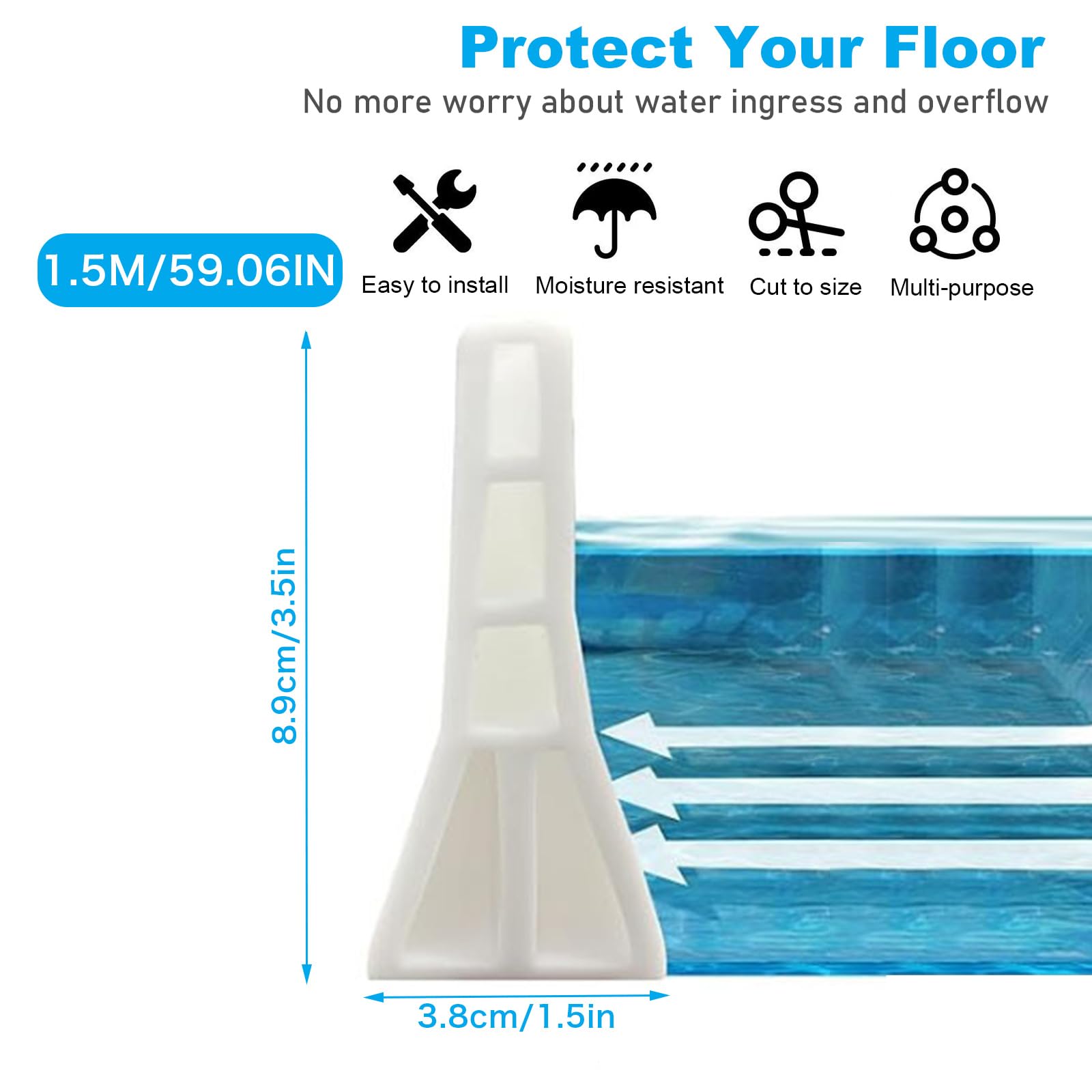 1.5M Wet Room Floor Barrier, 8.9cm Height TPE Curved Shower Threshold Water Barrier, Wet Room Shower Seal Strip