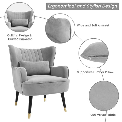 Vesgantti Velvet Accent Chair with Lumbar Pillow, Wing Back Large Armchair