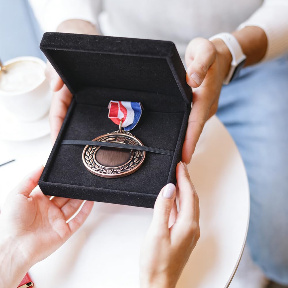 CREATCABIN Single Medal Display Storage Box Medal Display Case Black Velvet Medals Gift Box Rectangle Award Badge Organizer Boxes for Runners Sports